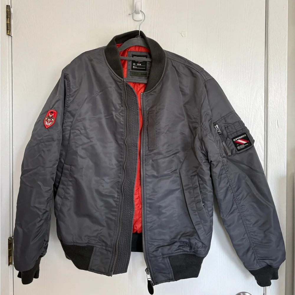 Superdry Charcoal Bomber Jacket with Scarlet Lining - Picture 1 of 2